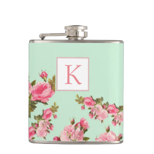 Rosa Grönt Blommigt Monogram Bridesmaid-kolv Fickplunta