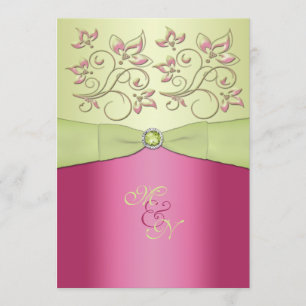 Rosa, Grönt Blommigt Monogram bröllopsinbjudan Inbjudningar