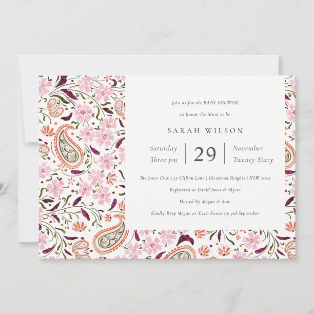 Rosa Grönt Blommigt Paisley Motif Baby Shower Inbj Tack Kort (Framsida)