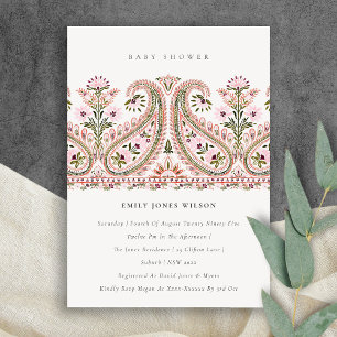 Rosa Grönt Blommigt Paisley Motif Baby Shower Inbj Tack Kort