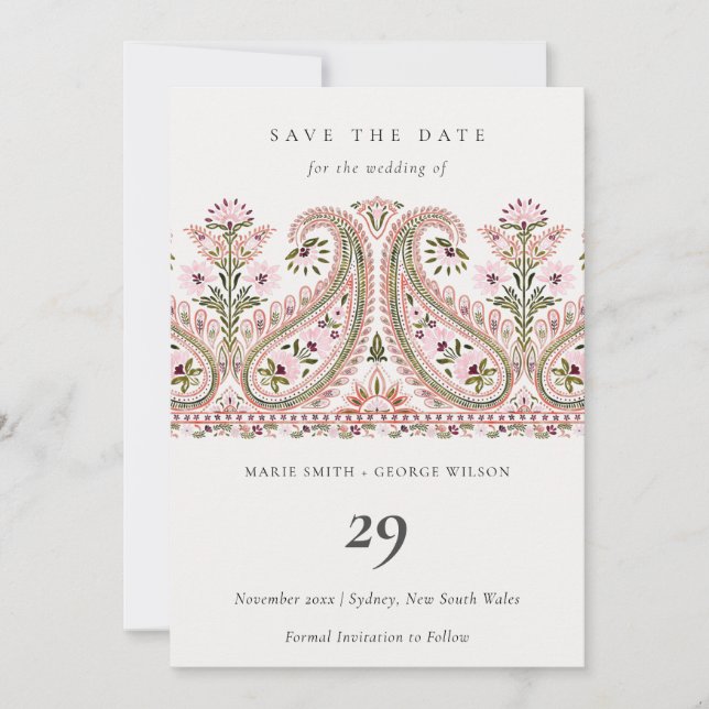 Rosa Grönt Blommigt Paisley Motif Spara datumkorte Tack Kort (Framsida)