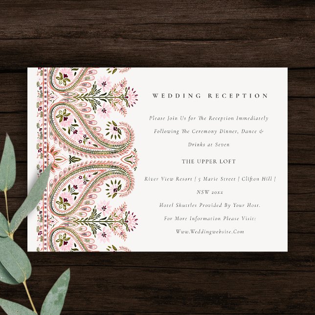 Rosa Grönt Blommigt Paisley Motif Wedding Receptio Tilläggskort (Skapare uppladdad)