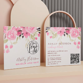 Rosa grönt blommigt qr logotyp hårmakning fyrkantigt visitkort