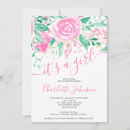 Rosa grönt blommigt ro vattenfärgsflicka dusch inbjudningar