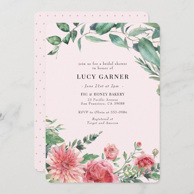 Rosa Grönt Blommigt VattenfärgMöhippa Inbjudningar (Fram/baksida)