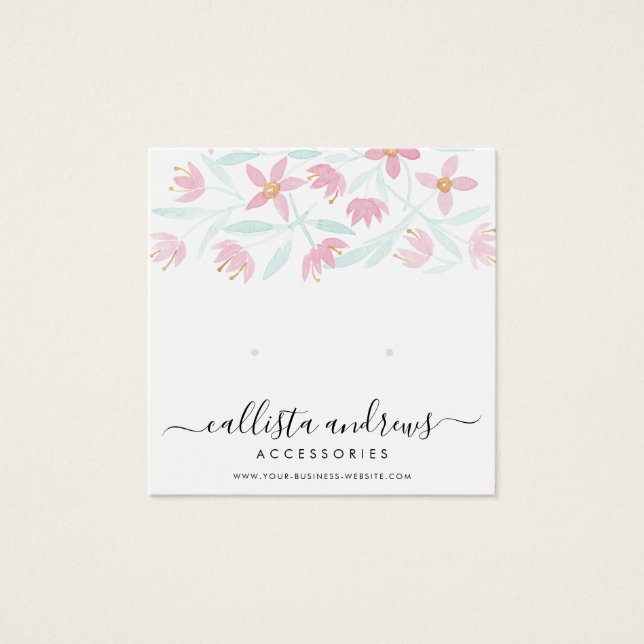 Rosa Grönt Blommigt Vattenfärgsavläsning Visning f Fyrkantigt Visitkort (Framsida)