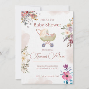 Rosa Grönt Blommor Baby Shower Inbjudningar