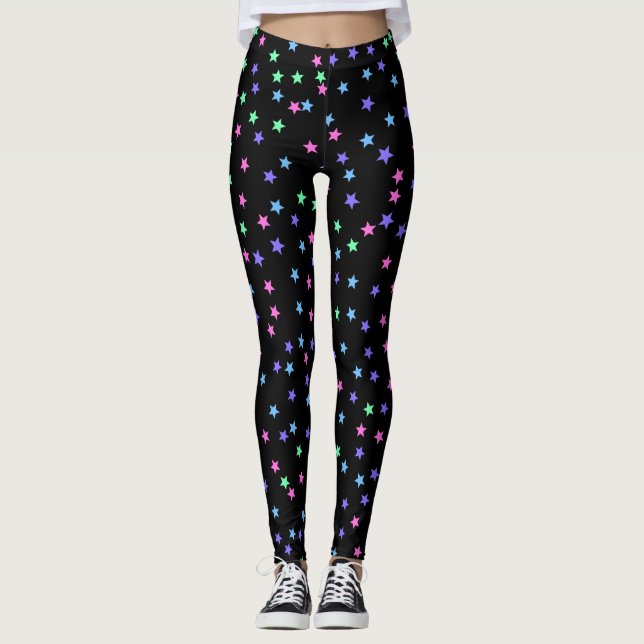 Rosa Grönt Blue Lila Stars Mönster Leggings (Framsida)