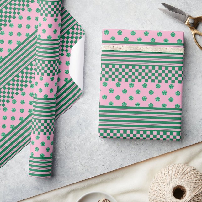 Rosa Grönt Boho Check Blommigt Rand Mönster Presentpapper (Skapare uppladdad)