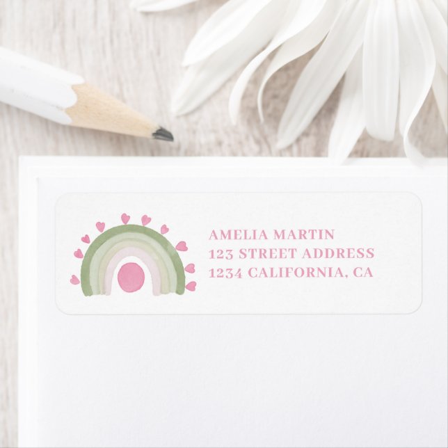 Rosa grönt boho rainbow sunshine babydusch returadress etikett (Insitu)