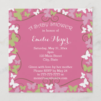 Rosa Grönt Butterflies Baby Shower-inbjudan Inbjudningar