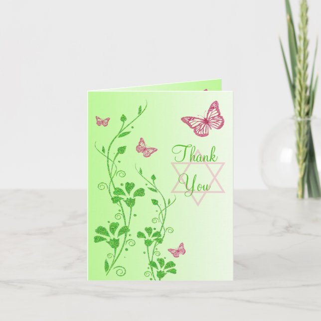 Rosa Grönt Butterfly Blommigt Tackkort Card (Framsida)