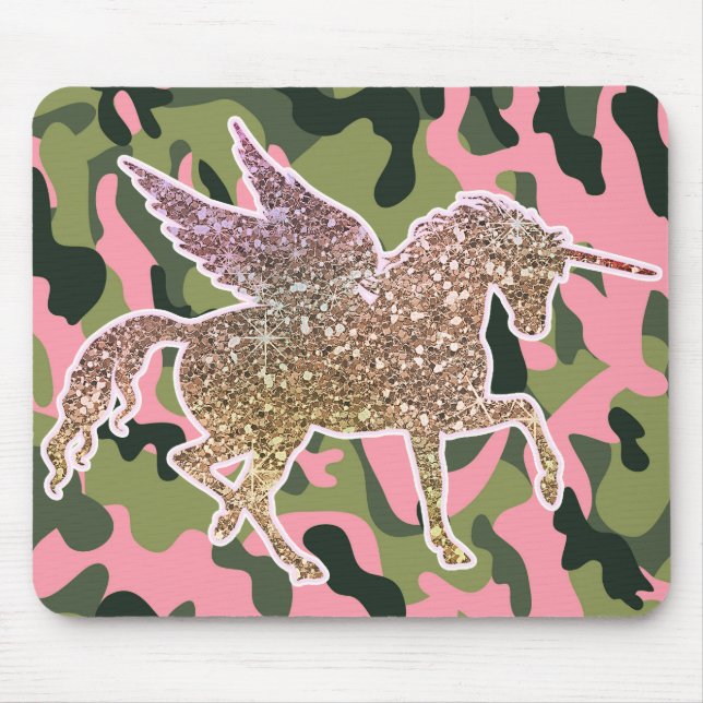 Rosa Grönt Camo Camouflage & Guld Glitter Unicorn Musmatta (Framsidan)