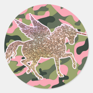 Rosa Grönt Camo Camouflage & Guld Glitter Unicorn Runt Klistermärke