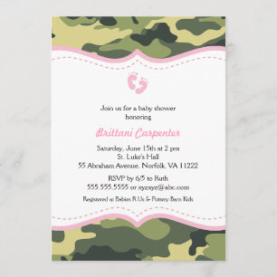 Rosa & Grönt Camo Girl Baby Shower-inbjudan fötter Inbjudningar