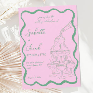 Rosa Grönt Champagne Torn Vågigt Retro Bröllop Inbjudningar