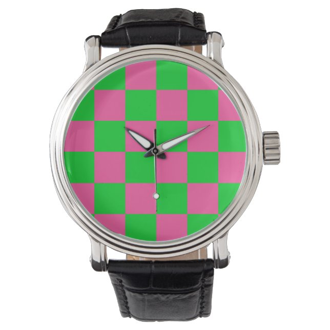 Rosa Grönt Checkat Mönster Armbandsur (Framsida)