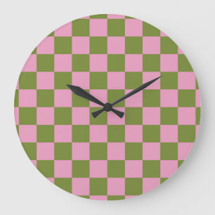 Rosa Grönt Checkated Gingham Mönster Stor Klocka