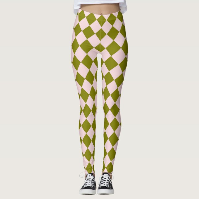 Rosa Grönt Checker Diamond Mönster Leggings (Framsida)
