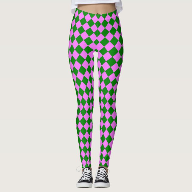 Rosa Grönt Checker Diamond Mönster Leggings (Framsida)