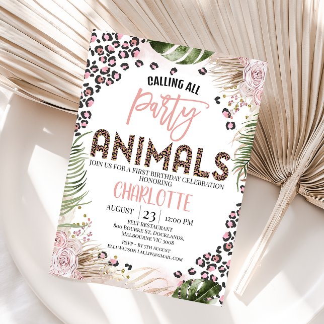 Rosa Grönt Cheetah Skriv ut Safari 1:a födelsedag Inbjudningar (Calling all party animals boho floral and foliage safari first birthday invitation for a girl.)