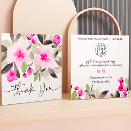 Rosa grönt chic blommigt vattenfärgsorder tack för fyrkantigt visitkort