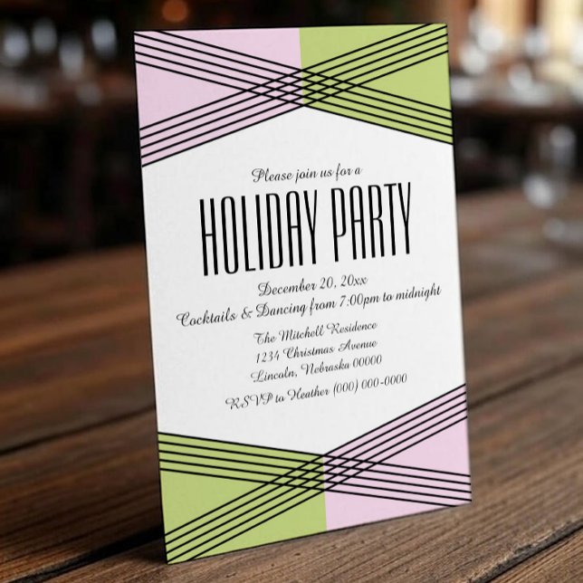 Rosa Grönt Colorful Deco Julfest Inbjudan (Pink Green Colorful Deco Holiday Party Invite)
