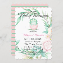 Rosa Grönt Cute Dinosaur Peony Baby Shower Inbjudn