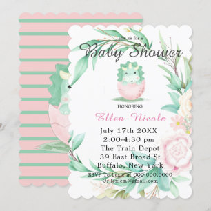 Rosa Grönt Cute Dinosaur Peony Baby Shower Inbjudn Inbjudningar