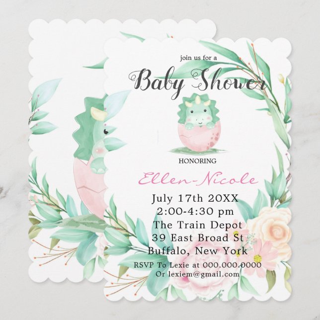 Rosa Grönt Cute Dinosaur Peony Baby Shower Inbjudn Inbjudningar (Fram/baksida)