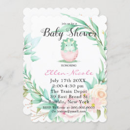 Rosa Grönt Cute Dinosaur Peony Baby Shower Inbjudn Inbjudningar
