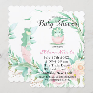 Rosa Grönt Cute Dinosaur Peony Baby Shower Inbjudn Inbjudningar