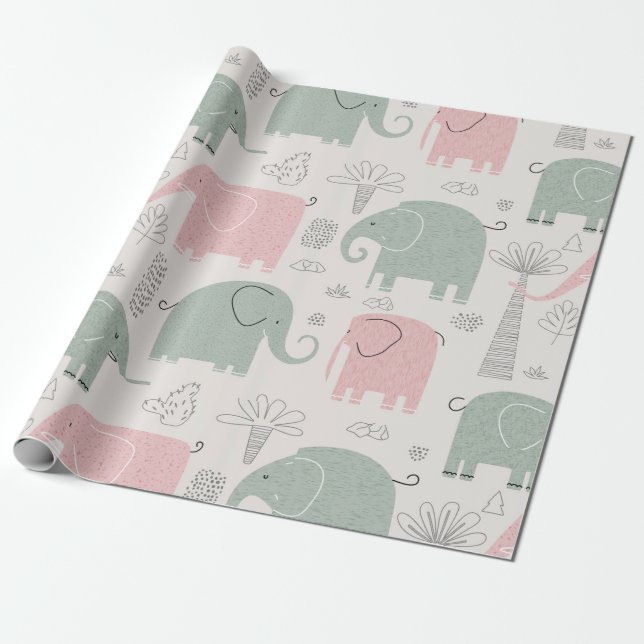 Rosa Grönt Elephants Modern Kids Presentpapper (Utrullad)