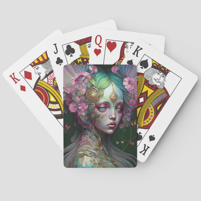 Rosa Grönt Elf Fairy Woman Fantasy Art Casinokort (Baksidan)