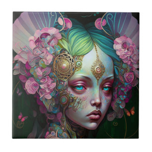Rosa Grönt Elf Fairy Woman Fantasy Art Kakelplatta