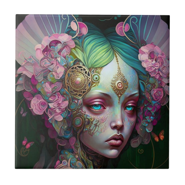 Rosa Grönt Elf Fairy Woman Fantasy Art Kakelplatta (Framsidan)