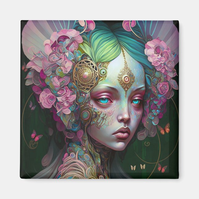 Rosa Grönt Elf Fairy Woman Fantasy Art Magnet (Framsidan)