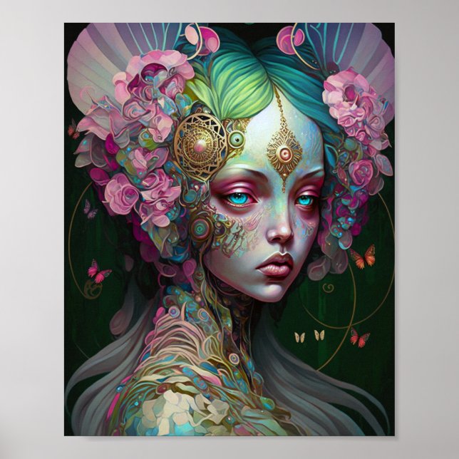 Rosa Grönt Elf Fairy Woman Fantasy Art Poster (Framsidan)