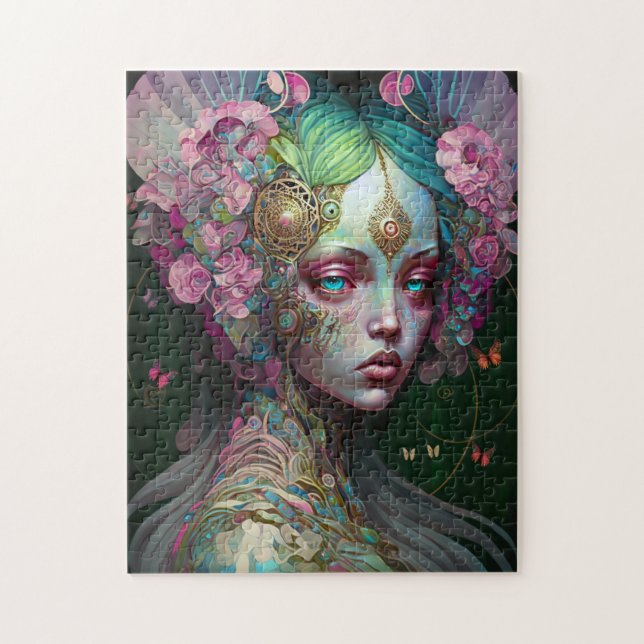 Rosa Grönt Elf Fairy Woman Fantasy Art Pussel (Vertikal)