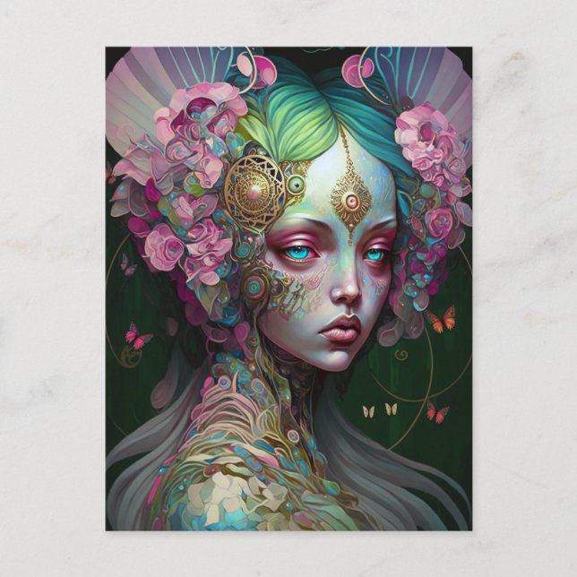 Rosa Grönt Elf Fairy Woman Fantasy Art Vykort (Framsida)
