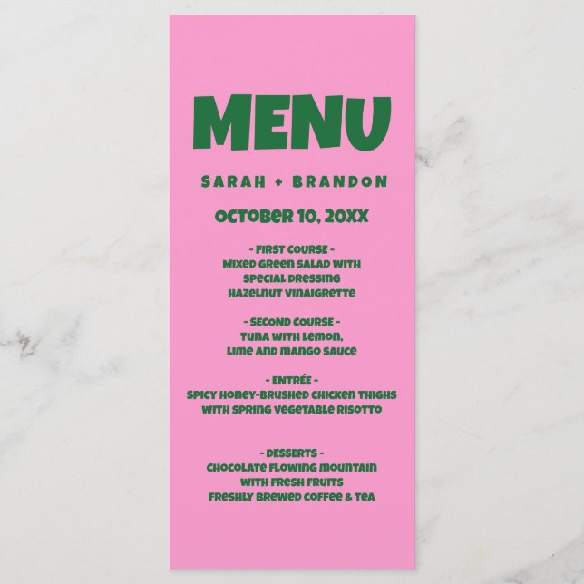 Rosa Grönt Fet Retro Bröllop Menu Meny (Framsida)