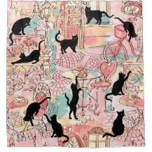 Rosa Grönt Fransk Cat Paris Cafe Shower Curtain