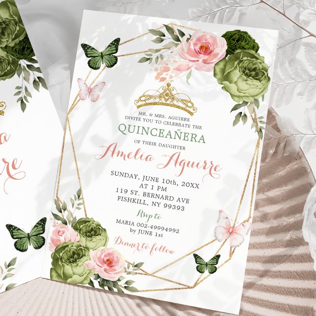 Rosa Grönt Geometric Blommigt Quinceañera Inbjudningar (Skapare uppladdad)