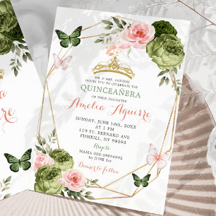 Rosa Grönt Geometric Blommigt Quinceañera Inbjudningar