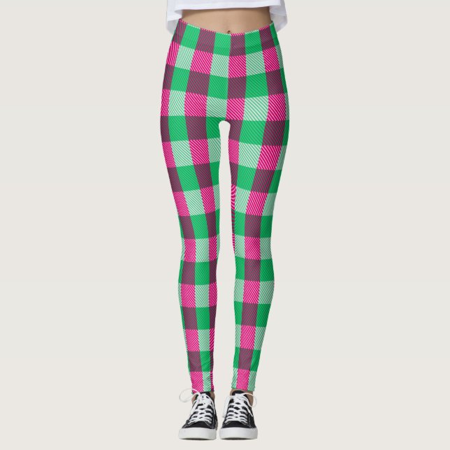 Rosa Grönt Gingham Check Design Leggings (Framsida)