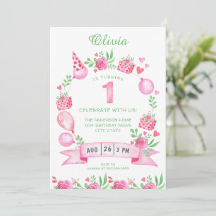 Rosa Grönt Girly First Birthday-inbjudan Inbjudningar