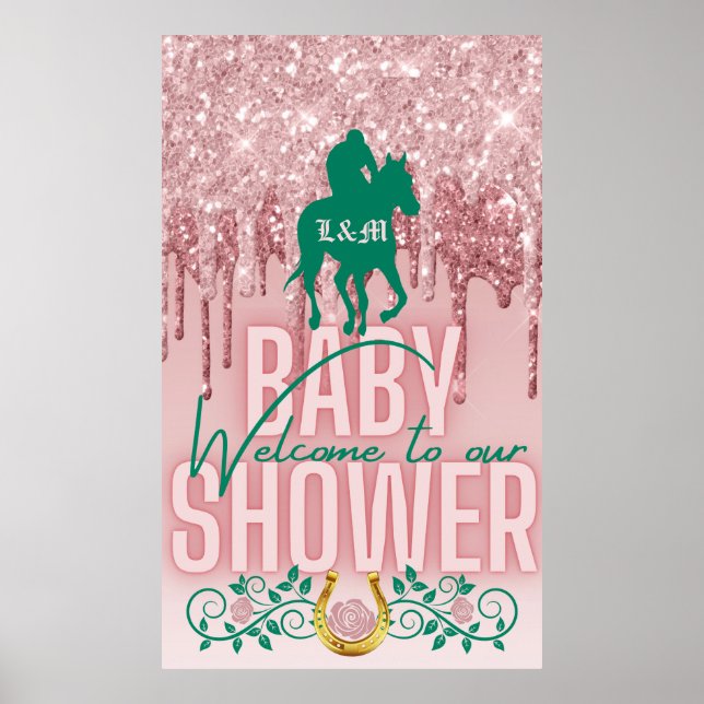 Rosa|Grönt Glitter Drip Derby Baby Shower Välkomme Poster (Framsidan)