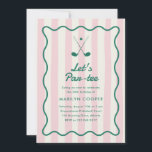 Rosa   Grönt Golf 30års födelsedag Party Inbjudningar<br><div class="desc">Be dina gäster att gå på med en födelsedagsfest av golfbanan med den här eleganten och vintage-inspirerade pickleball-festinbjudan. Den har en ljus rosa,  strimlad bakgrund,  en kurva,  vågigt grönt ram och en illustration av två golfklubbar och ett golfområde boll. Kortets baksida har en kontrasterande ljust grönt strimlad bakgrund.</div>