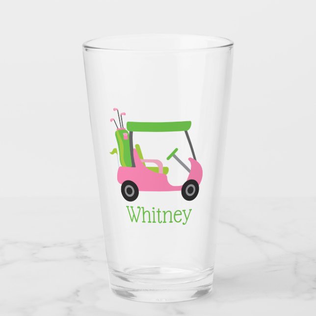 Rosa & Grönt Golf Cart Personlig Glass Tumbler Glaskopp (Framsida)
