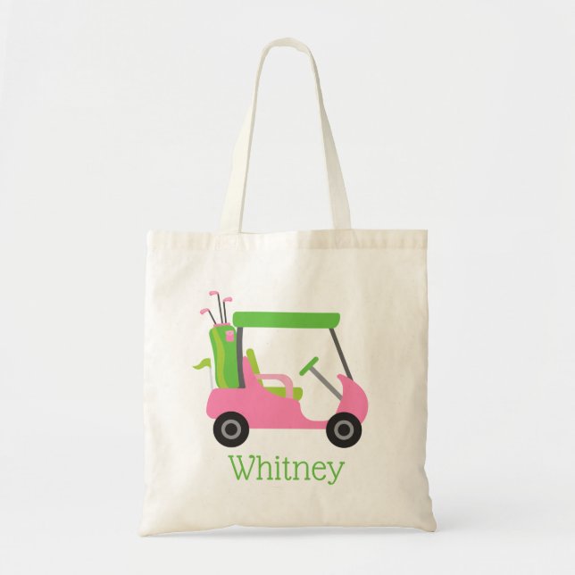 Rosa & Grönt Golf Cart Personlig Tote Bag Tygkasse (Framsidan)